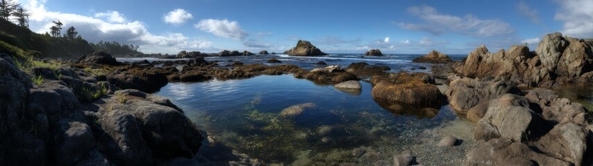 Stunning hdr coastal panorama rocky beach nature scene tranquil environment wide view