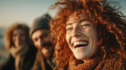 Happy young woman laughing with friends outdoors in winter