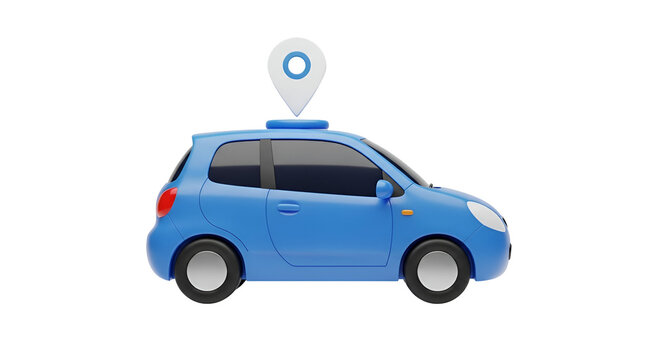3d icon of blue car with location pin on the roof isolated on transparent background concept of taxi service