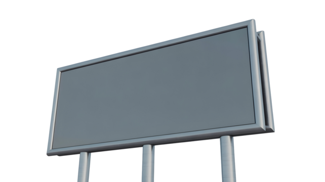 Large blank rectangular advertising billboard structure mounted on metal poles for marketing display isolated on transparent background