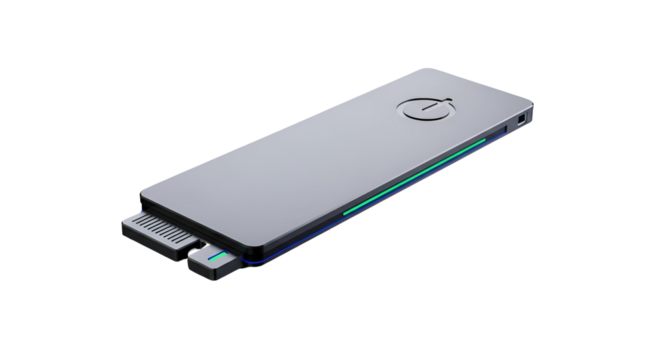 3d icon of sleek gray external hard drive isolated on transparent background, showcasing its modern design and portability