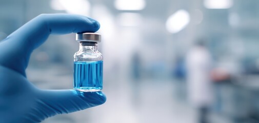 The Vial of Blue Vaccine Held by Gloved Hand in Laboratory Setting