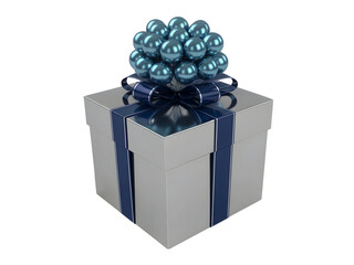 Luxurious silver gift box tied with a deep blue ribbon and a large decorative bow of metallic spheres isolated on transparent background