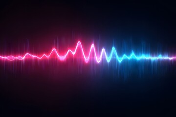 Vibrant neon soundwave visualization displaying auditory frequencies in a dynamic spectrum of pink and blue hues against a dark background