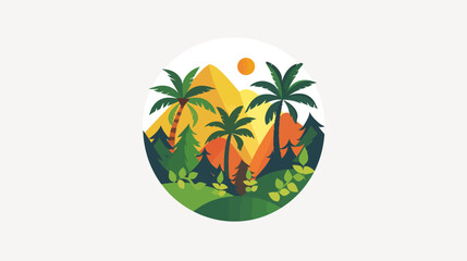 Vibrant tropical forest with mountains and palm trees under a sun