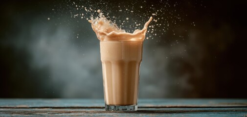 The glass of frothy coffee splashing on rustic wooden table with moody backdrop