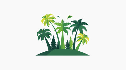 A cluster of palm trees of various sizes and shades of green stand on a hill