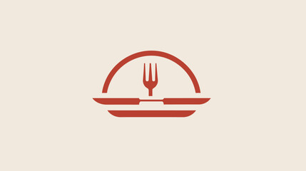 A stylized red fork sits above a knife and plate on a cream background