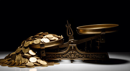 Tilted Balance Scale with Gold Coins on One Side