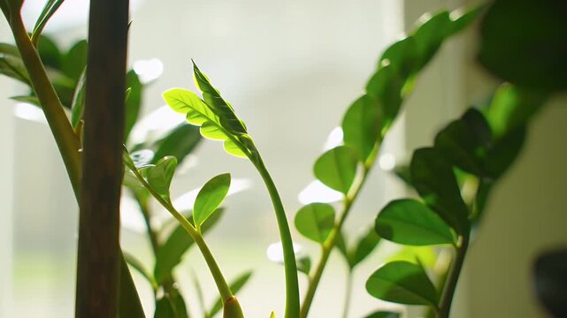 Closeup of Zamioculcas zamifolia plant.