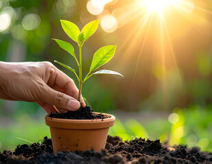 close-up a Hand planting small tree in clay pot with soft morning sunlight, eco lifestyle. Symbolic shot of sustainability and personal connection to nature.