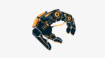 Detailed robotic hand with segmented orange and dark blue plating, against white