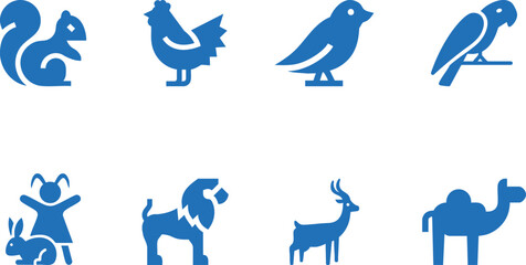 An array of charming animal icons in clean, minimalist graphic style, suitable for various design applications, including educational materials and children's content.