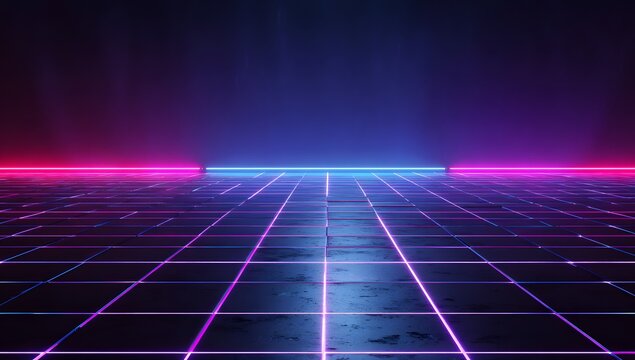 Abstract futuristic digital grid landscape illuminated by vibrant neon lights creating a cyberpunk atmosphere