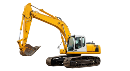 Illustration of yellow excavator with a large bucket and tracks, isolated on transparent background on transparent background