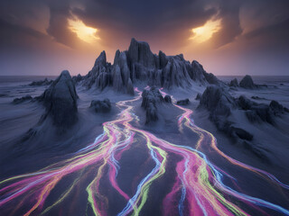 Surreal landscape featuring glowing neon rivers flowing through dark, jagged rock formations under a dramatic twilight sky