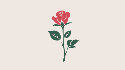A stylized red rose with green leaves on a pale background