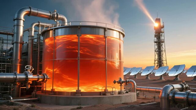 Molten salt storage tank solar thermal power plant with heliostat field desert sunset glow, industrial pipes shine, sustainable power heat transfer