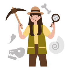 Smiling Paleontologist Woman Character Holding Pickaxe and Magnifying Glass Surrounded by Fossils and Dinosaur Skeleton Elements on Transparent Background