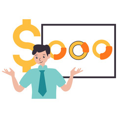 Smiling Businessman Stands Next to a Financial Chart Displaying Growth and a Large Golden Dollar Sign on a Transparent Background