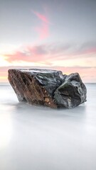 Obraz premium Coastal scene featuring a weathered rock against a soft, pastel sunrise