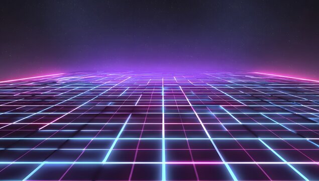 Vast digital grid landscape illuminated by futuristic neon lights extending towards a distant horizon under a dark sky