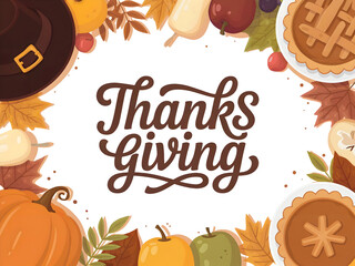 Thanksgiving calligraphy text framed by seasonal autumn elements including pumpkins, apples, and pies isolated on transparent background
