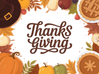 Thanksgiving calligraphy text framed by seasonal autumn elements including pumpkins, apples, and pies isolated on transparent background