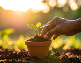 close-up a Hand planting small tree in clay pot with soft morning sunlight, eco lifestyle. Symbolic shot of sustainability and personal connection to nature.