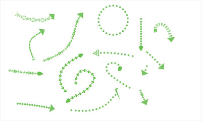 Vector set of green decorative arrows made of dots, leaves, and floral shapes on white background