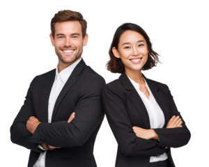 Confident business professionals standing backtoback, exuding success and teamwork, isolated on transparent background