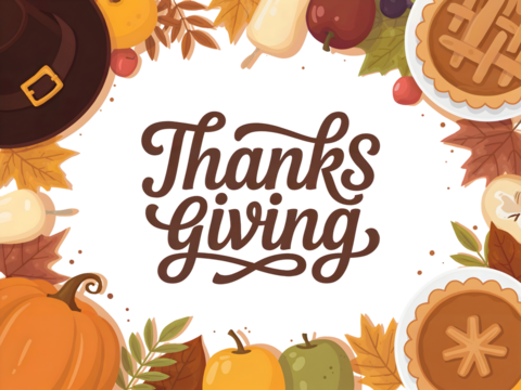 Thanksgiving calligraphy text framed by seasonal autumn elements including pumpkins, apples, and pies isolated on transparent background