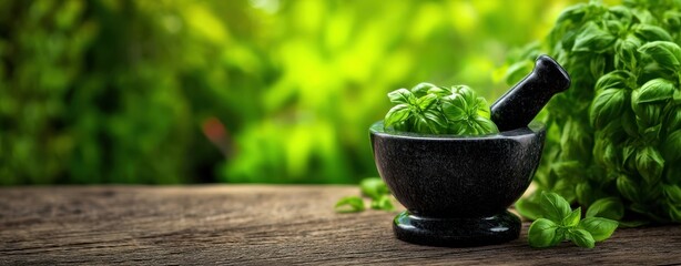 The Mortar and Pestle with Fresh Basil on a Rustic Wooden Surface