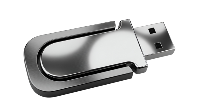 3d icon of usb flash drive isolated on transparent background for data storage and transfer in metallic silver