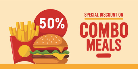 The image advertises a 50 discount on combo meals with burger fries and text on a tan background