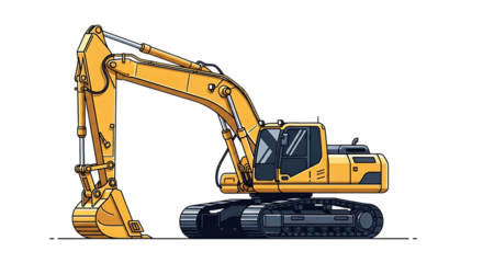 Illustration of yellow excavator with tracks and articulated arm, isolated on transparent background on transparent background