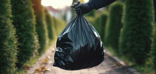 The Trash Bag Held by a Gloved Hand on a Garden Pathway