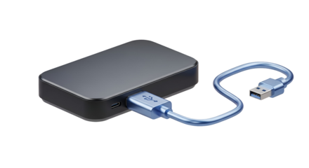 3d icon of external hard drive with usb cable isolated on transparent background for data storage and backup device