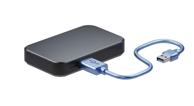 3d icon of external hard drive with usb cable isolated on transparent background for data storage and backup device
