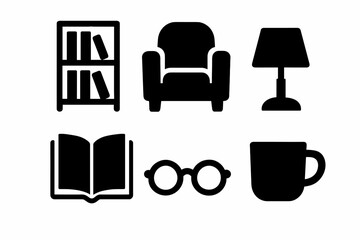 Cozy reading icons: bookshelf, armchair, lamp, book, glasses, mug