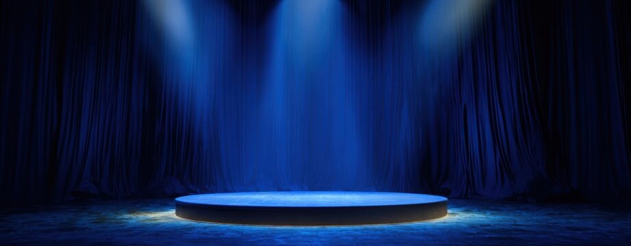 The stage bathed in blue spotlights with velvet curtains and empty circular pedestal