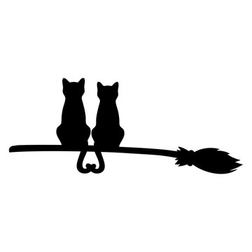 Logo con silueta de pareja de gatos negros sentados en una escoba de bruja con los rabos unidos, para su uso en felicitaciones y tarjetas de Halloween