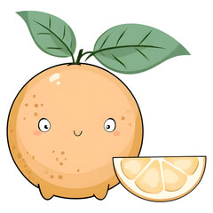 A cute smiling cartoon orange character with leaves stands next to a slice of orange on a plain yellow background