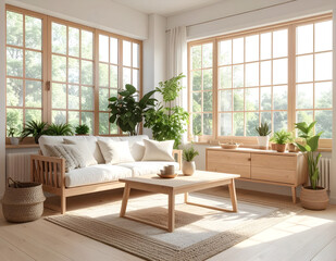 Sustainable home interior combining nature and simplicity for eco living concepts.