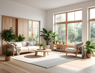 Sustainable home interior combining nature and simplicity for eco living concepts.