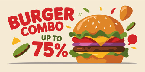 Cartoonstyle burger combo deal with a large colorful burger text promoting a discount up to 75