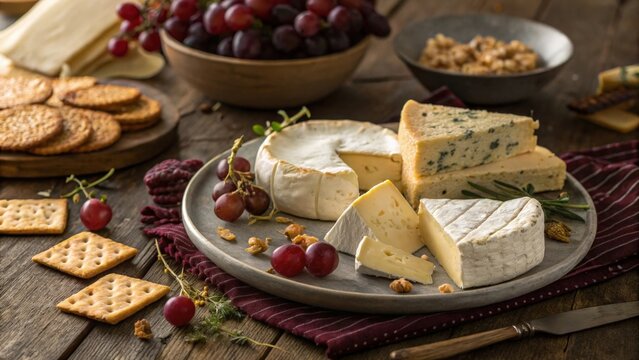 Cheese platter with grapes arranged on a rustic wooden table
