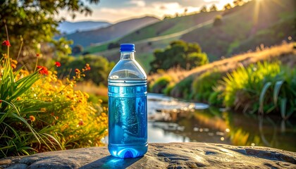 A plastic water bottle, filled with vibrant blue liquid, sits on a rock near a tranquil stream, framed by greenery and hills under sunlight