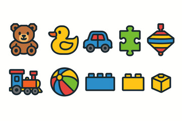 Fototapeta premium Colorful cartoon icons of classic children's toys with bear, duck, car, and more