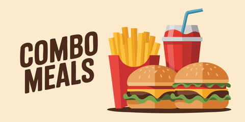 Combo meals with burgers fries and a drink are depicted in a simple flat cartoon style on a beige background